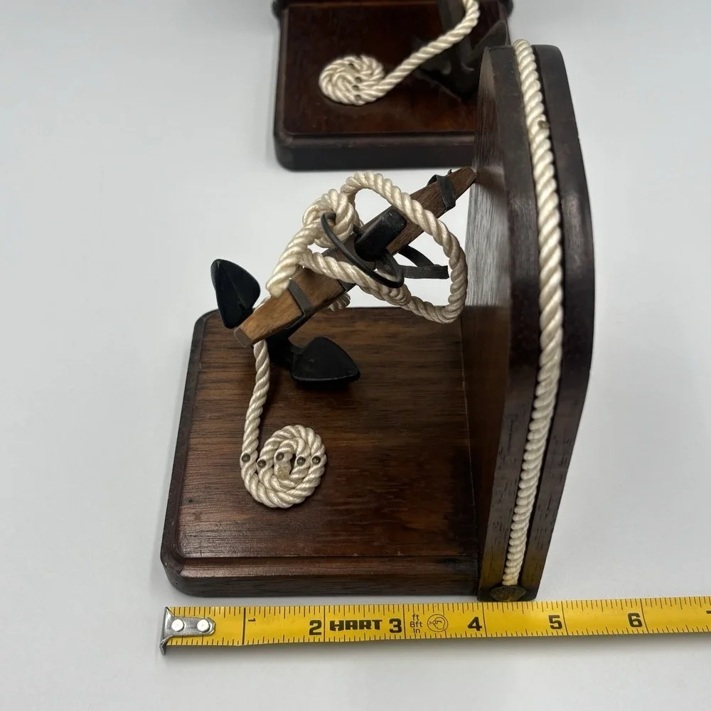Vintage Nautical Theme Bookends Wood & Rope with Cast Iron Anchors